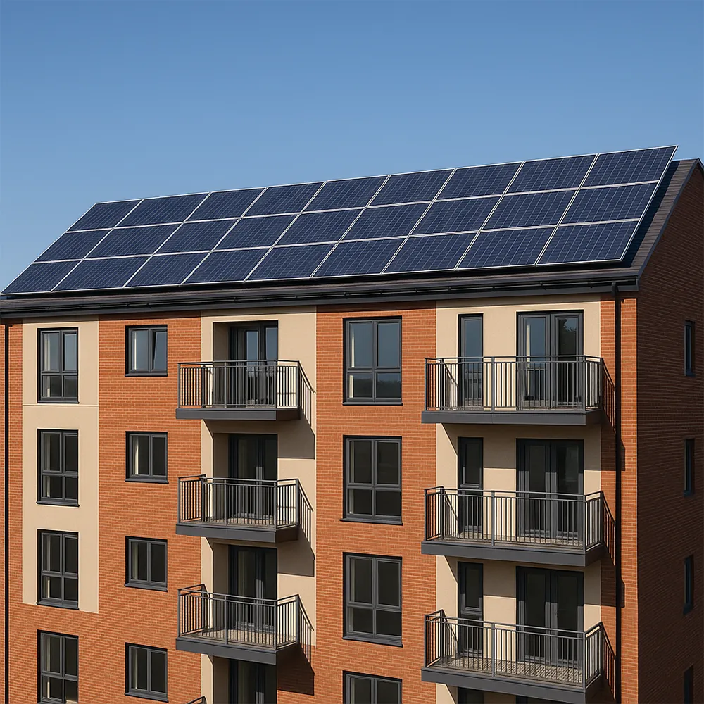 Block of flats with solar panels where EV charger permissions may involve a landlord or managing agent